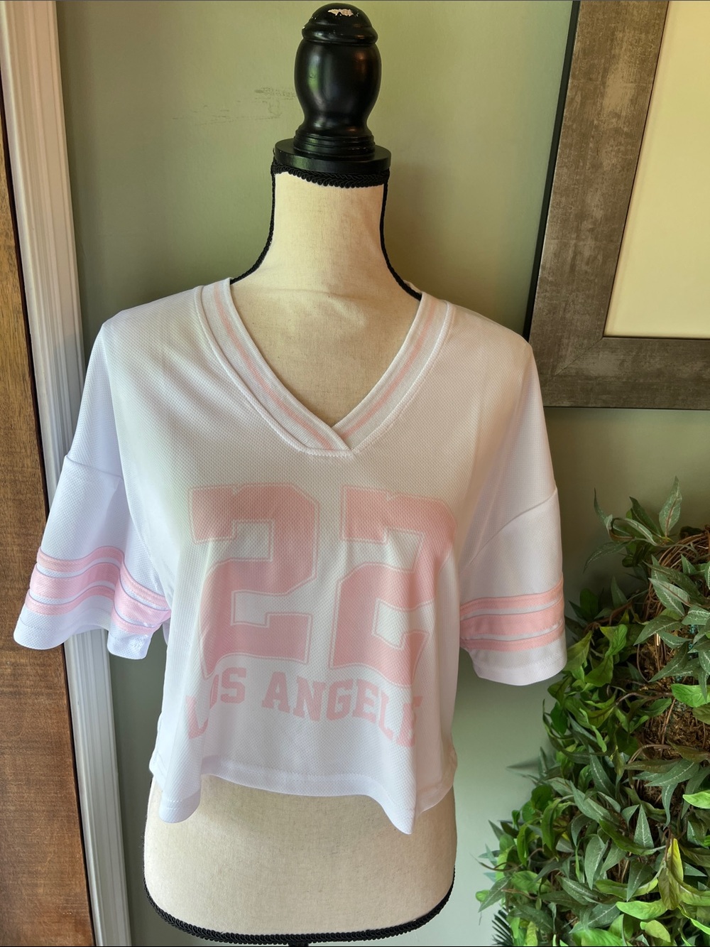 Faded Rose White & Soft Pink Cropped V-Neck Sports Jersey